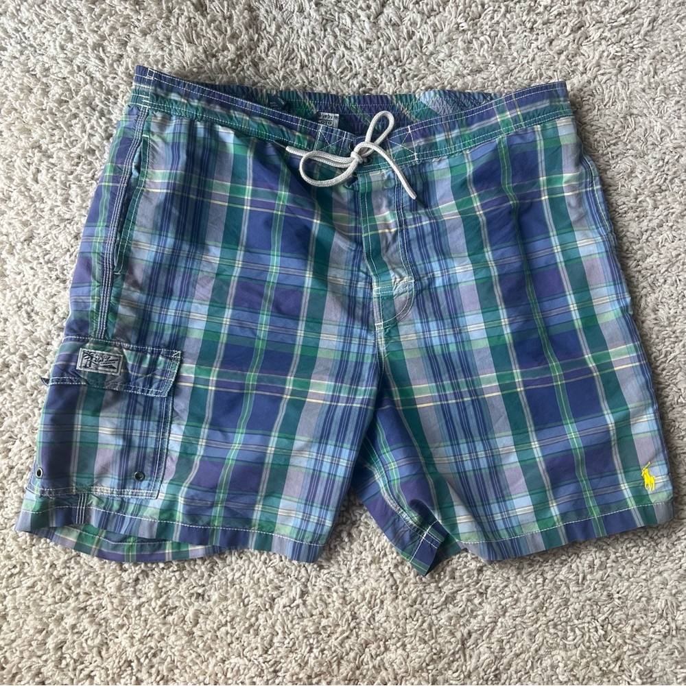 Ralph Lauren Men's Blue and Green Plaid Swim Shorts